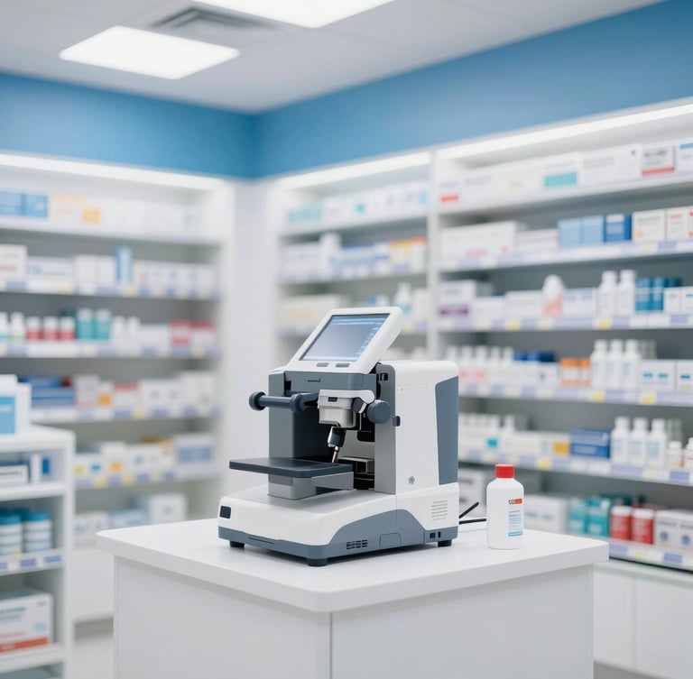Bright and organized modern pharmacy interior, clean blue and white tones, soft white studio light, professional 35mm