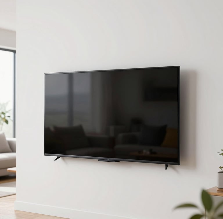 A flawlessly finished flat-screen TV mounted flush on a clean wall, no wires visible, clean modern living room background, bright daylight, sharp focus