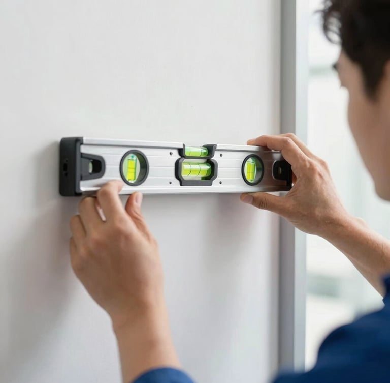 A close-up vertical shot of a professional technician's hands using a spirit level on a heavy-duty steel wall mount, bright natural indoor daylight, crisp focus on the level bubble, clean modern interior