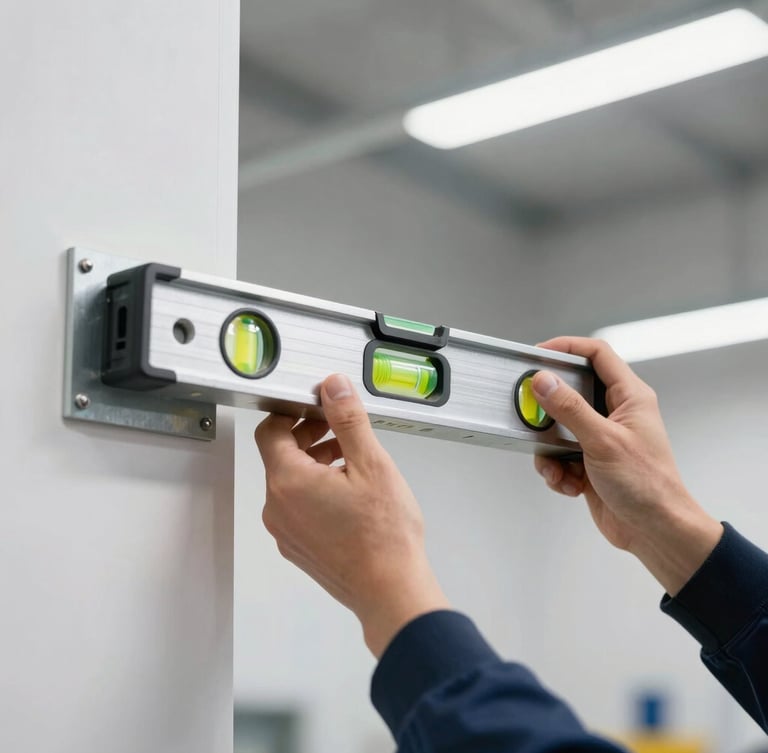 Close-up of professional hands using a bubble level on a heavy steel bracket mounted to a wall, clean industrial lighting, sharp focus, 35mm lens