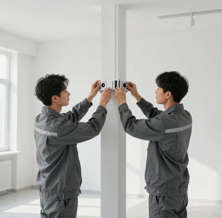 Symmetrical shot of a professional technician in clean branded slate-gray gear installing a fixture in a bright, modern, immaculate room, no clutter, pristine workspace.