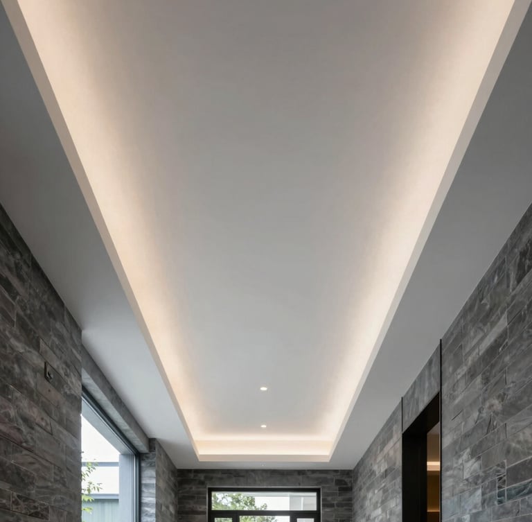 Symmetrical architectural shot of a minimalist luxury ceiling with perfectly linear recessed plaster-in LED profiles, bright natural daylight, cool slate tones.
