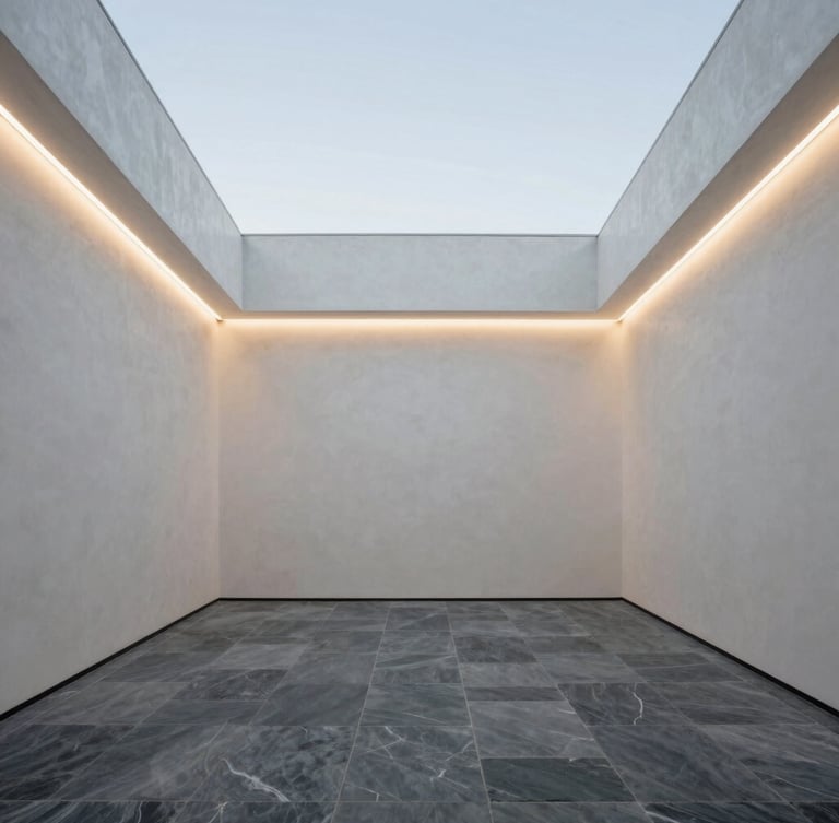 Symmetrical architectural photograph of a modern minimalist living room with clean plaster walls and perfectly integrated warm linear LED lighting, bright daylight, cool slate tones
