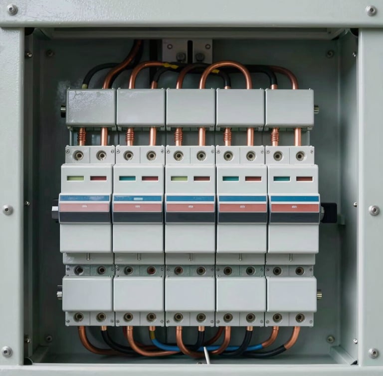 Symmetrical close-up of a pristine, perfectly organized industrial breaker panel, copper wiring routed with mathematical precision, clean slate gray background, bright natural daylight, crisp depth of field