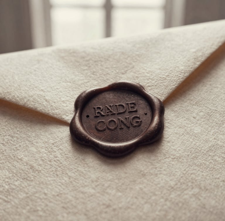 Macro photograph of a heavy wax seal on a thick linen envelope, soft library window light, high detail paper texture, muted sepia tones