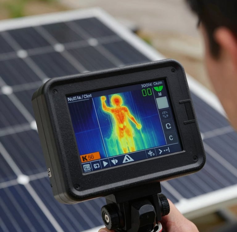 Close-up of a high-precision thermographic camera screen displaying heat signatures on a photovoltaic panel, sharp contrast, professional inspection tool