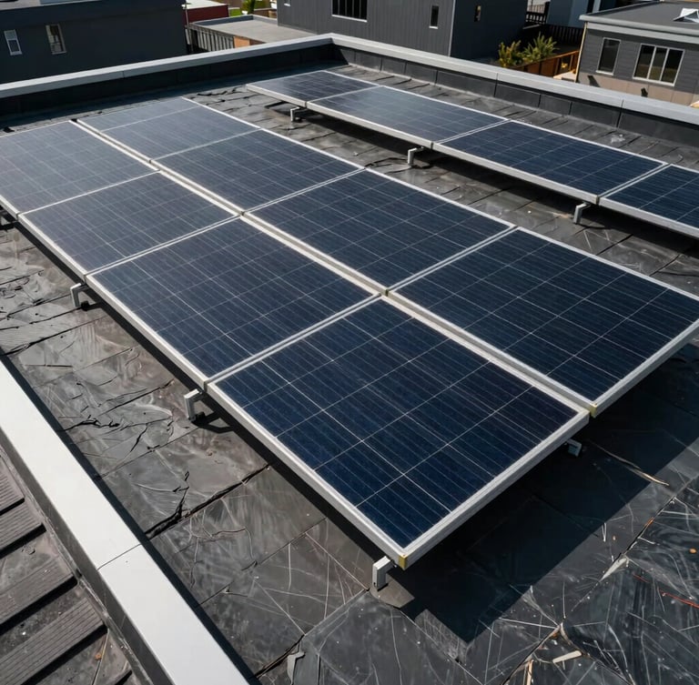 Wide high-contrast architectural shot of a premium solar array on a modern flat roof under sharp daylight, dark slate tones