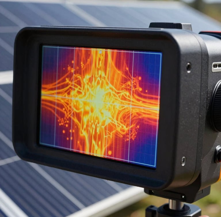 Extreme close-up of a professional thermal imaging camera screen displaying high-contrast heat patterns on solar panels, precise technical lines, sharp focus, daylight.
