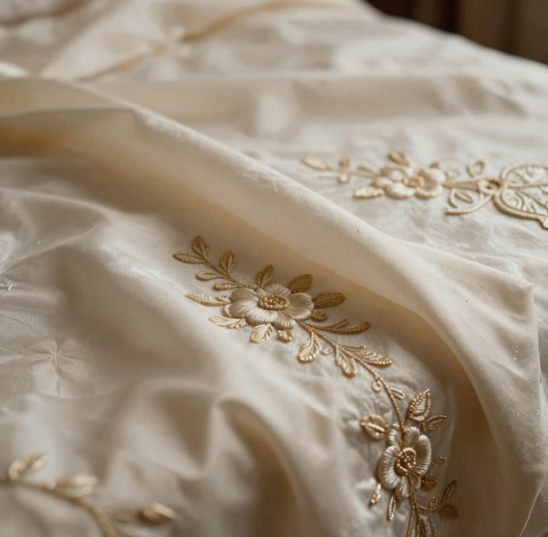 Close-up of tactile heritage bridal fabrics, raw silk and intricate embroidery, warm ambient lighting, editorial crop.