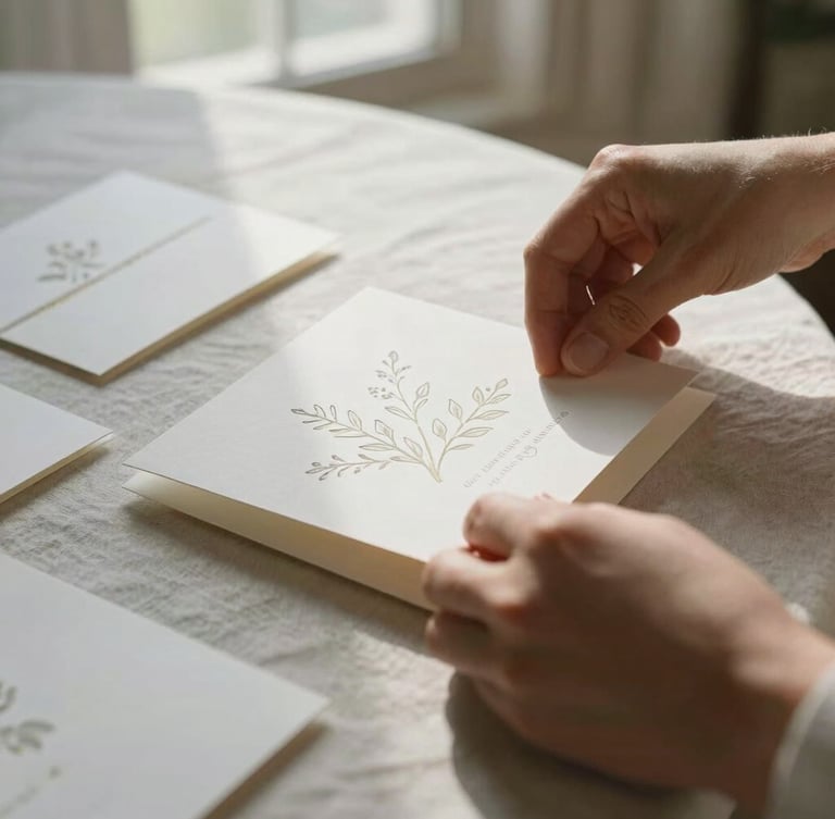 A close-up tactile shot of hands carefully arranging delicate white floral invitations on a textured linen table, soft morning window light.