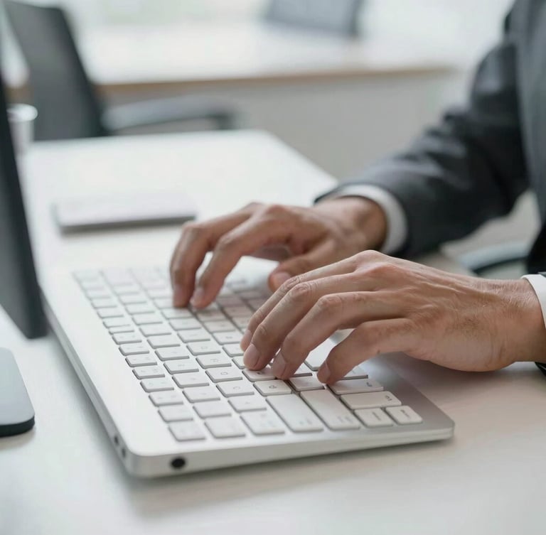 Detail of hands typing on a modern clean keyboard in a bright office, cool neutral tones, professional focus, 35mm