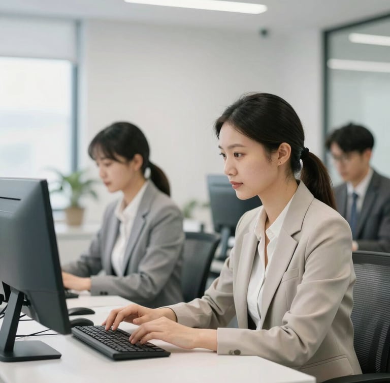 Focused corporate professionals working in a clean, modern, well-lit office environment, neutral business attire, natural light, 35mm