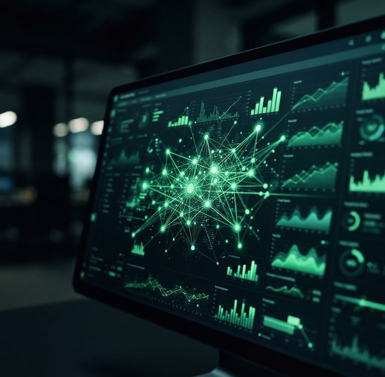 Sleek tech photography, close-up macro shot of an analytics dashboard on a modern display, low-key moody ambient light with sharp green accents, 35mm