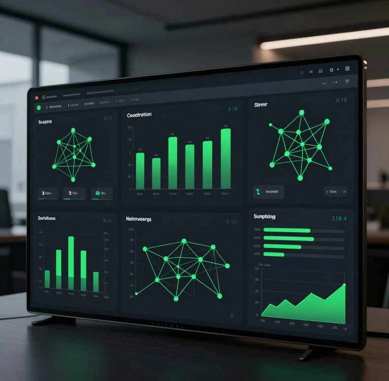 Sleek software interface displaying structured data graphs and neural network connections, high-contrast green accents, dark mode UI, 35mm