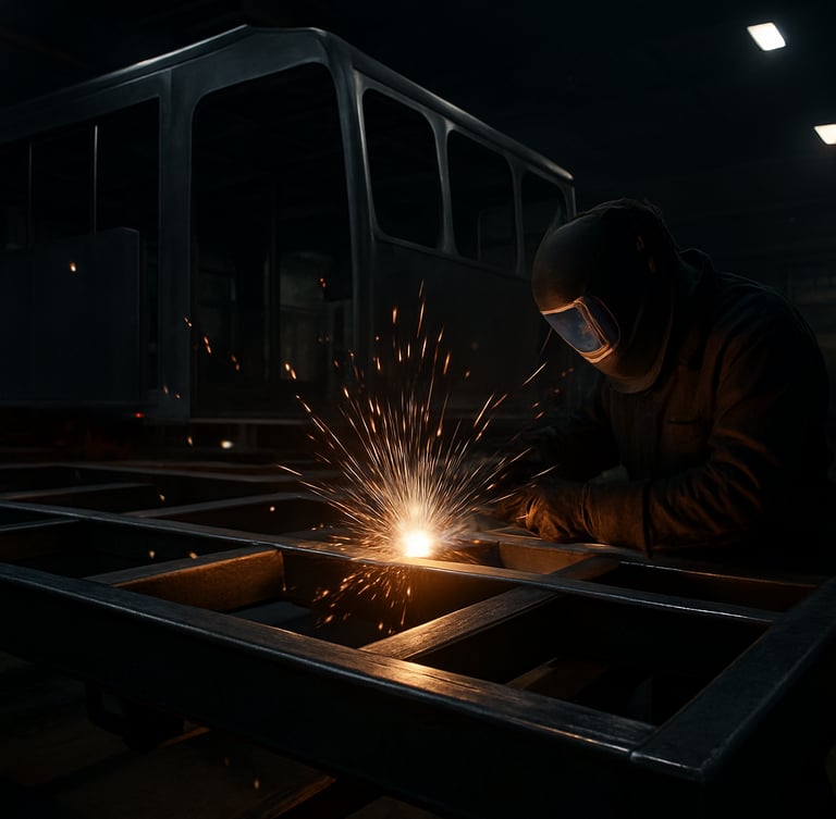 Industrial workshop close-up, heavy-duty steel chassis of a horse truck under construction, bright welding sparks flying, dramatic low-key lighting, professional photography, 35mm