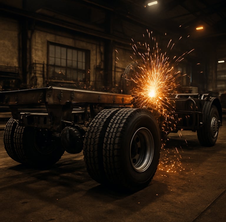 Low-angle heroic shot of a heavy-duty horse truck chassis under construction inside the workshop, dramatic sparks flying from a weld, rich metallic tones, sharp focus