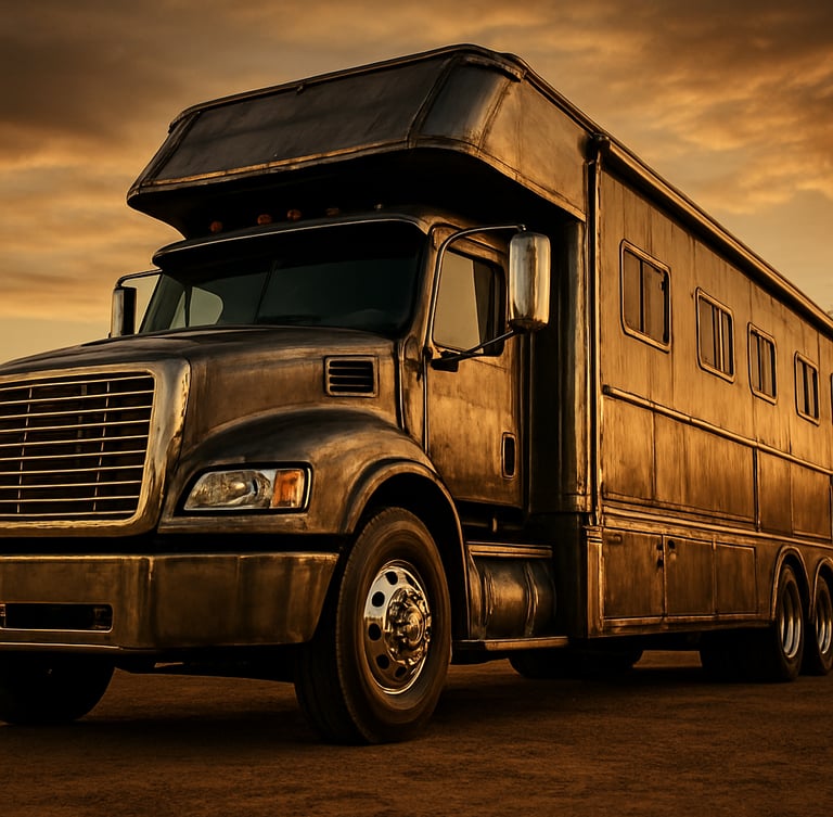 Low-angle heroic shot of a massive custom horse truck in a premium ranch setting, dramatic golden-hour lighting, sharp focus on raw steel welds and polished metallic finish, 35mm