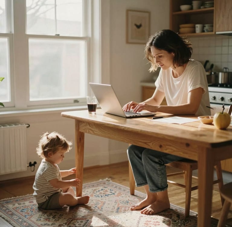 Candid medium shot of a mother working from a warm wooden kitchen table, soft morning window light, her toddler playing on the rug nearby, authentic and warm, 35mm film look.