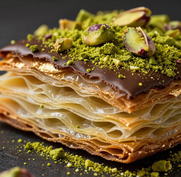 Extreme macro close-up of forty paper-thin layers of phyllo pastry dusted with vibrant green ground pistachio, high-contrast side lighting, dark luxury food photography