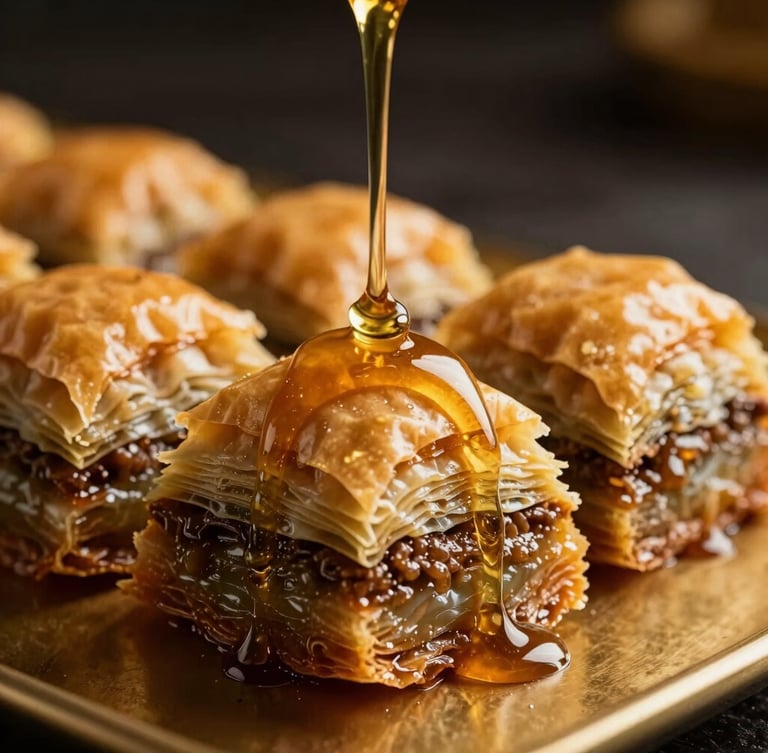 Macro photograph of glistening syrup poured slowly over forty layers of hand-rolled phyllo baklava, dramatic side-lighting, gold tones, dark luxury food photography