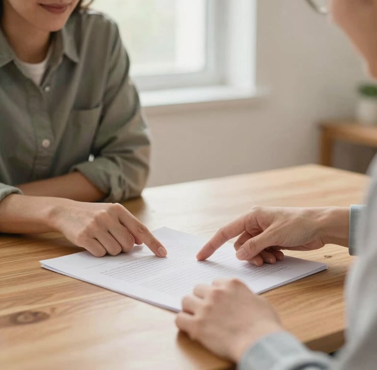 Warm editorial photography of a support coordinator sitting at a wooden table next to a family caregiver, soft natural window light, close-up on hands pointing to a plan document, shallow depth of field.