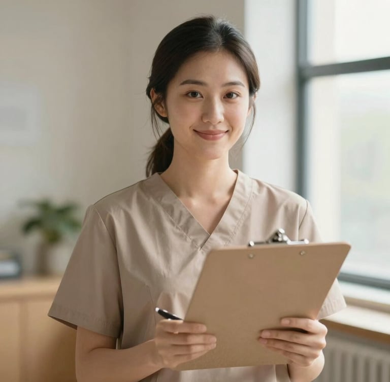 Warm, respectful portrait of a female occupational therapist in a bright, sunlit clinic, holding a clipboard and smiling gently, soft natural daylight, 35mm lens.
