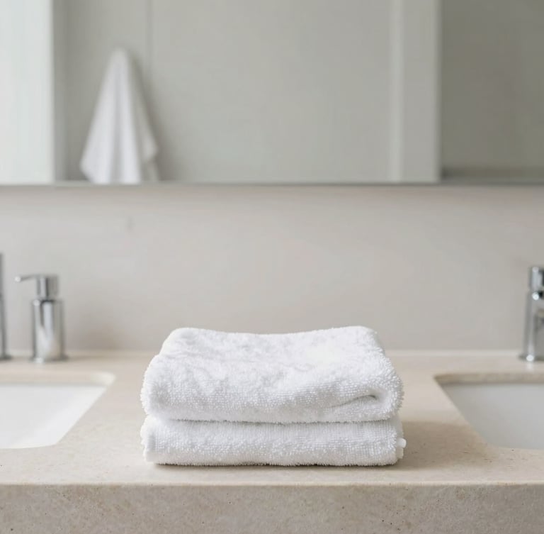 Straight-on architectural shot of an immaculate minimalist bathroom, perfectly folded white towels on a light stone counter, soft natural light, clean lines, high-end hotel standard.