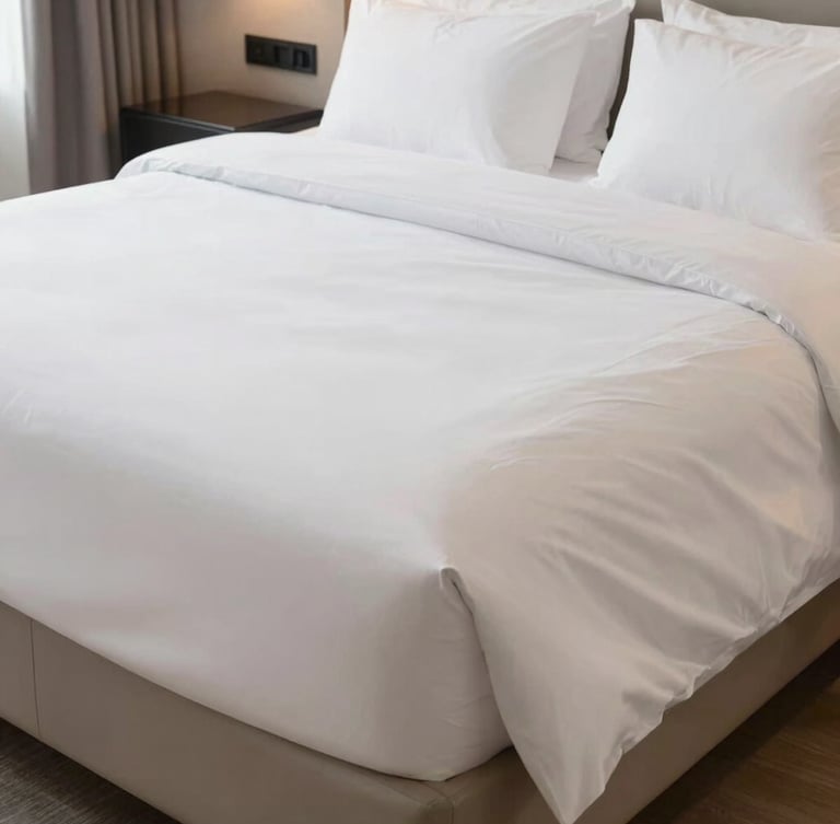 Straight-on clean shot of a perfectly made bed with crisp white linens, tight hospital corners, soft natural morning light, luxury hotel room aesthetic, 35mm lens