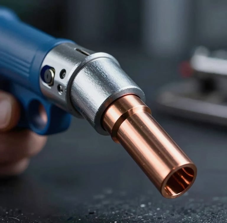 Extreme close-up of a heavy-duty professional MIG welding torch, cool blue and silver metallic lighting, pristine copper nozzle, dark industrial background.