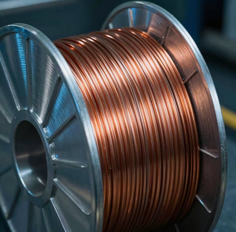 Extreme close-up of a pristine copper-coated MIG welding wire spool, high-contrast metallic reflections, cool blue and silver industrial lighting, dark background