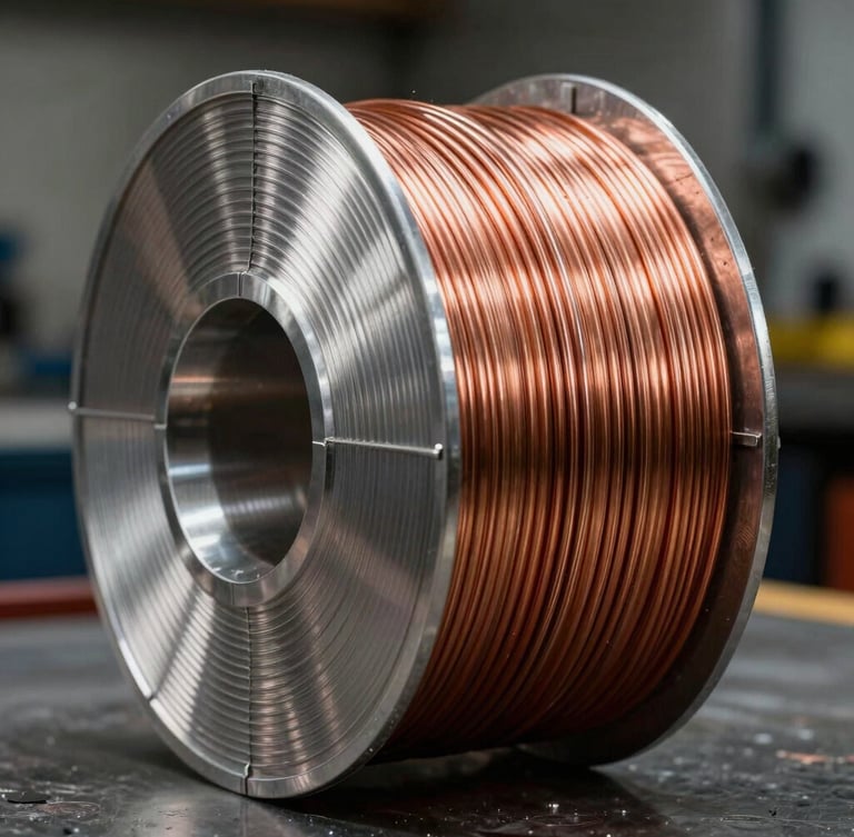 Extreme macro shot of a pristine copper-coated MIG welding wire spool, high-contrast cool silver and copper metallic reflections, dark workshop background.
