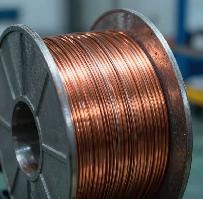 Extreme close-up of a pristine copper-coated MIG welding wire spool, sharp metallic reflections, cool blue industrial workshop lighting.