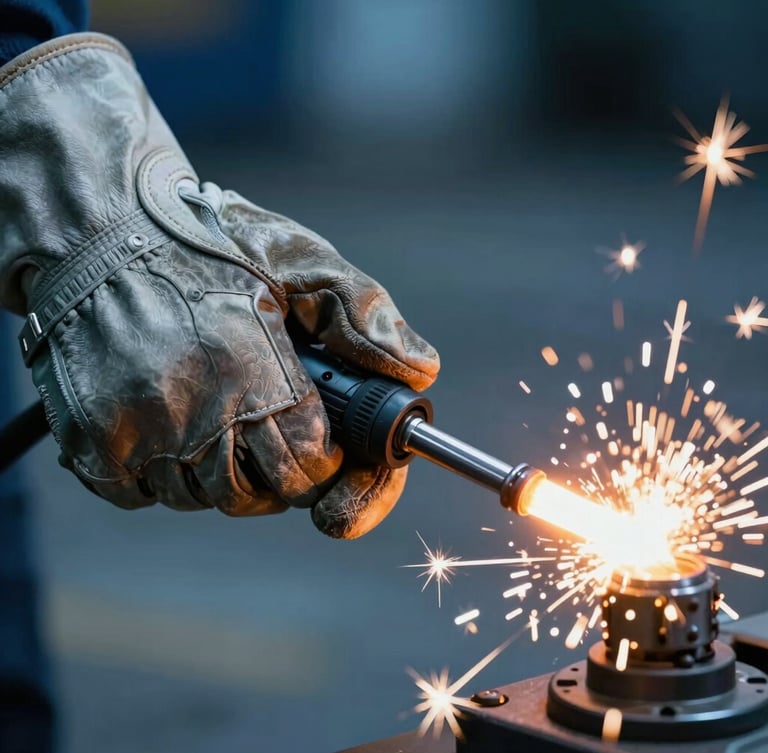 Extreme close-up of heavy-duty split-leather welding gloves holding a glowing torch, dramatic cool blue and silver lighting with bright spark trails in the background.