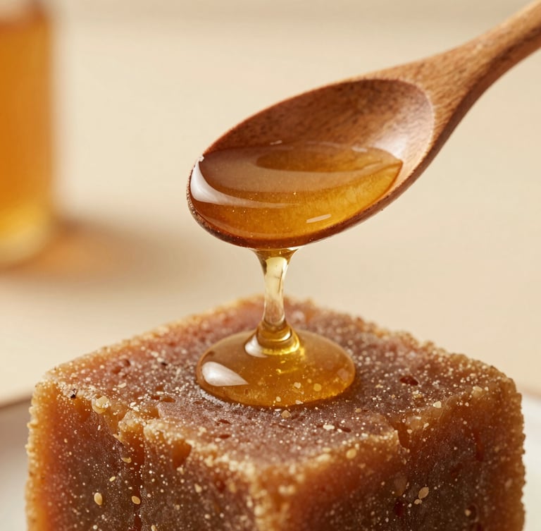 Macro close-up of golden prebiotic honey dripping from a carved wooden spoon onto a textured jaggery block, warm morning light, earthy muted tones.