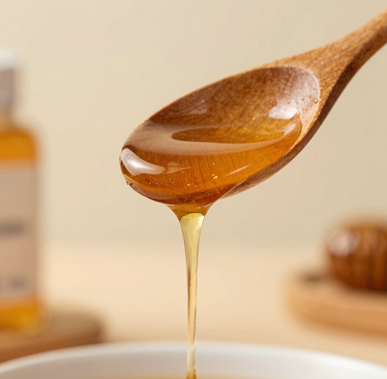 Macro close-up of golden prebiotic honey dripping slowly from a hand-carved wooden spoon, soft natural morning light, warm editorial photography, 35mm lens