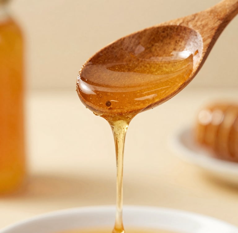 Macro close-up of raw golden prebiotic honey slowly dripping from a handcrafted wooden spoon, soft natural morning light, warm editorial photography, 35mm lens