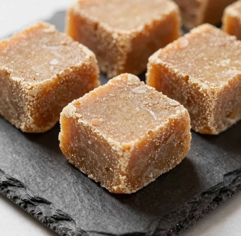 Textured blocks of unrefined Himalayan jaggery resting on a dark slate stone slab, soft side morning light casting gentle shadows, macro texture, 35mm lens