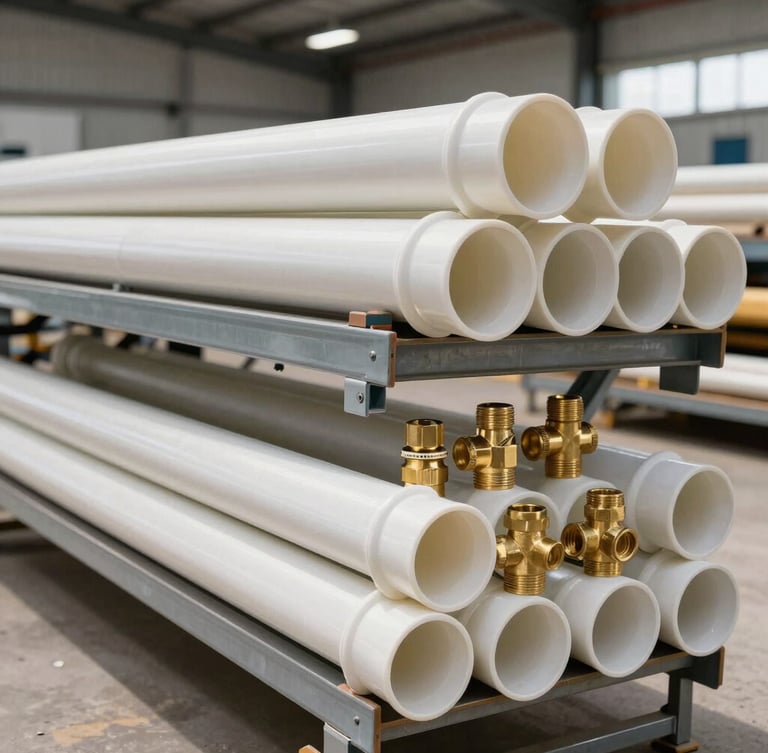 A clean, bright warehouse rack stacked with heavy-duty CPVC pipes, brass plumbing fittings, and electrical conduits in natural daylight, 35mm lens