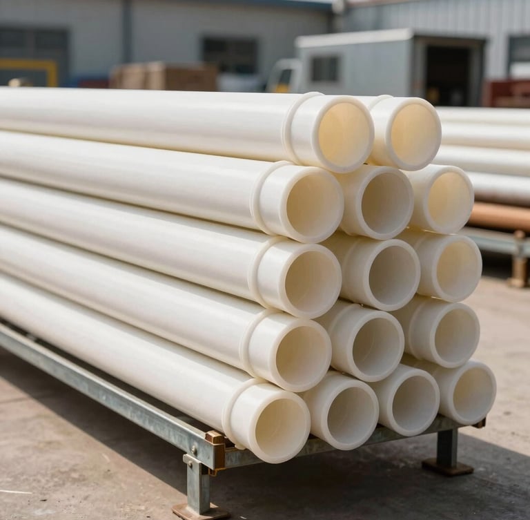 Sharp industrial photography, bright natural daylight, clean warehouse setting showing stacked PVC pipes and brass fittings on heavy steel racks, 35mm lens.