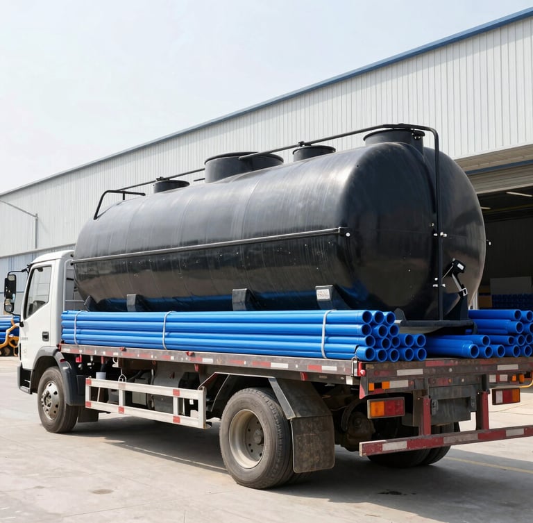 A flatbed truck being loaded with large black water tanks and bundles of blue CPVC pipes inside a bright, organized distribution yard, daylight, 35mm lens.