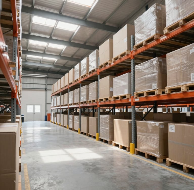 Wide environmental shot of a modern, bright logistics warehouse with high ceilings, natural daylight streaming through skylights, organized shelves, clean neutral tones.