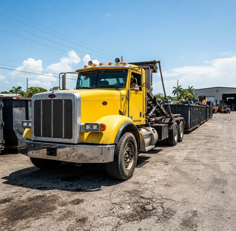 Low-angle heroic shot of a heavy-duty yellow roll-off dumpster truck in the bright South Florida sun, deep charcoal steel bins lined up behind it.