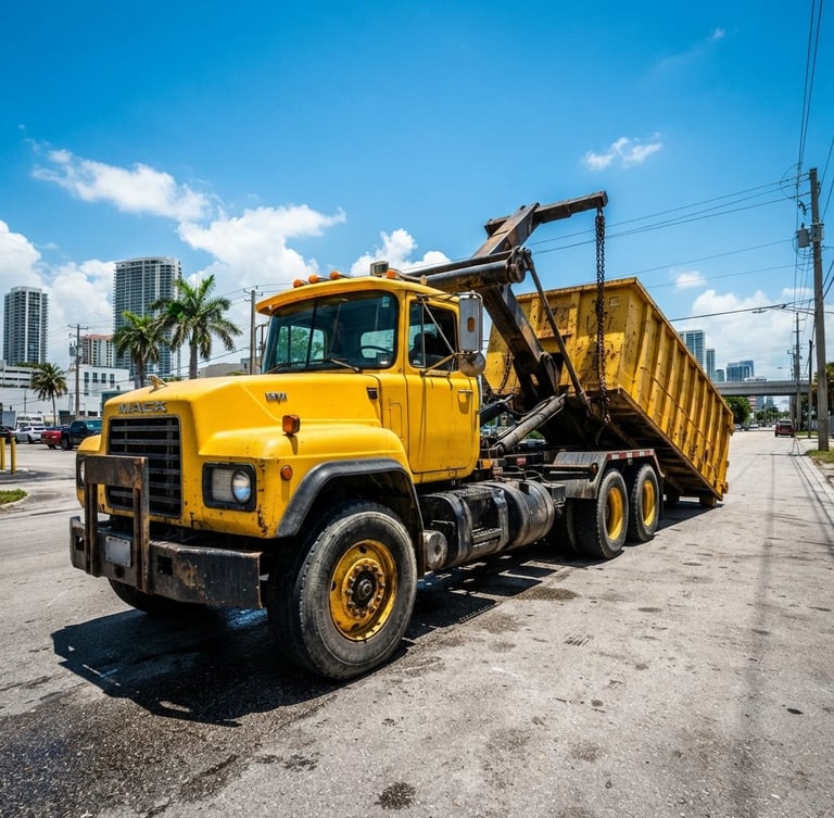 Low-angle heroic shot of a safety yellow roll-off dumpster truck operating in Miami under harsh midday sun, sharp focus