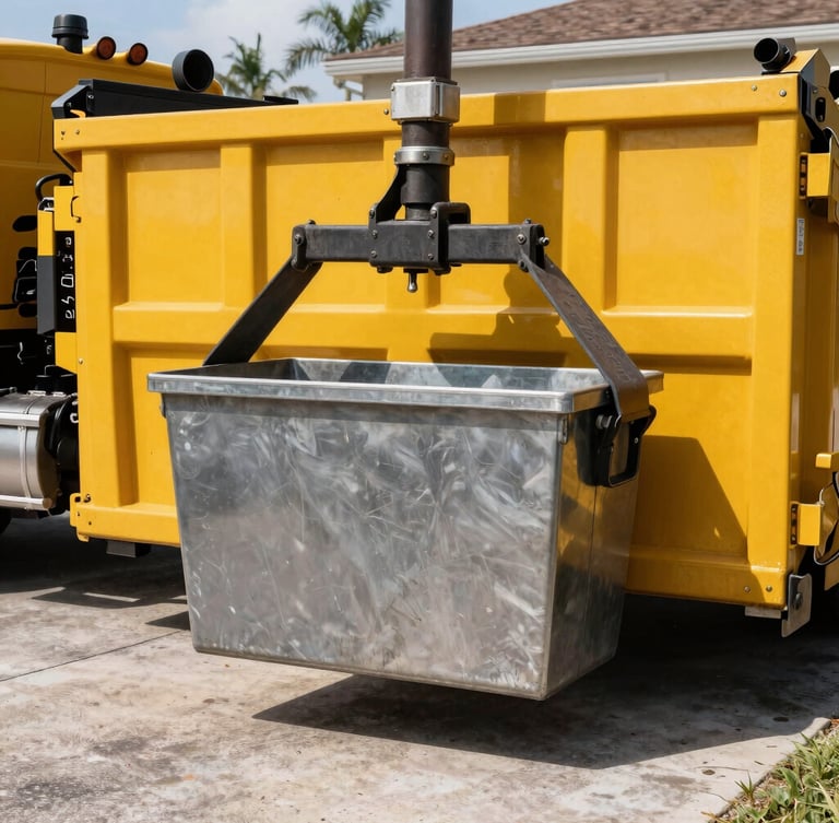 Close-up of truck hydraulics lifting a clean steel dumpster bin onto a residential driveway, harsh midday sun casting sharp shadows.