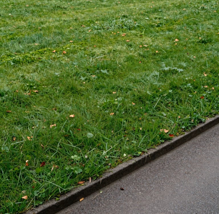 Gros plan d'une pelouse d'un vert profond coupée au millimètre près, bordure nette longeant une allée pavée de style classique québécois.