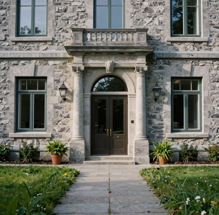 Vue rapprochée d'une entrée de résidence prestigieuse en pierre à Québec, pelouse parfaitement tondue au premier plan, baie vitrée étincelante reflétant le ciel, lumière naturelle claire.