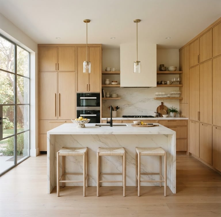 Straight-on architectural photograph of a bright, modern kitchen renovation, white marble island, minimalist oak cabinets, natural morning light.