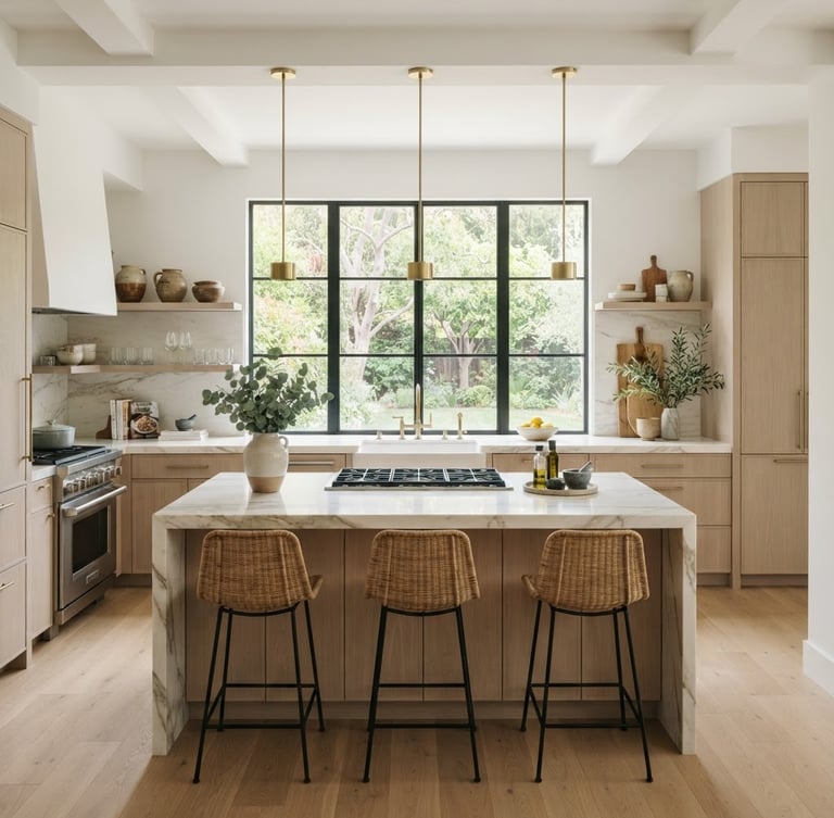 Straight-on architectural photography of a finished high-end kitchen remodel, natural soft daylight streaming through large windows, clean neutral tones, sharp focus, editorial style