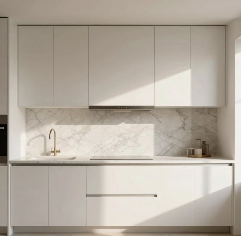 Straight-on architectural photograph of a minimalist kitchen remodel, marble slab backsplash, crisp white oak cabinetry, soft morning light.