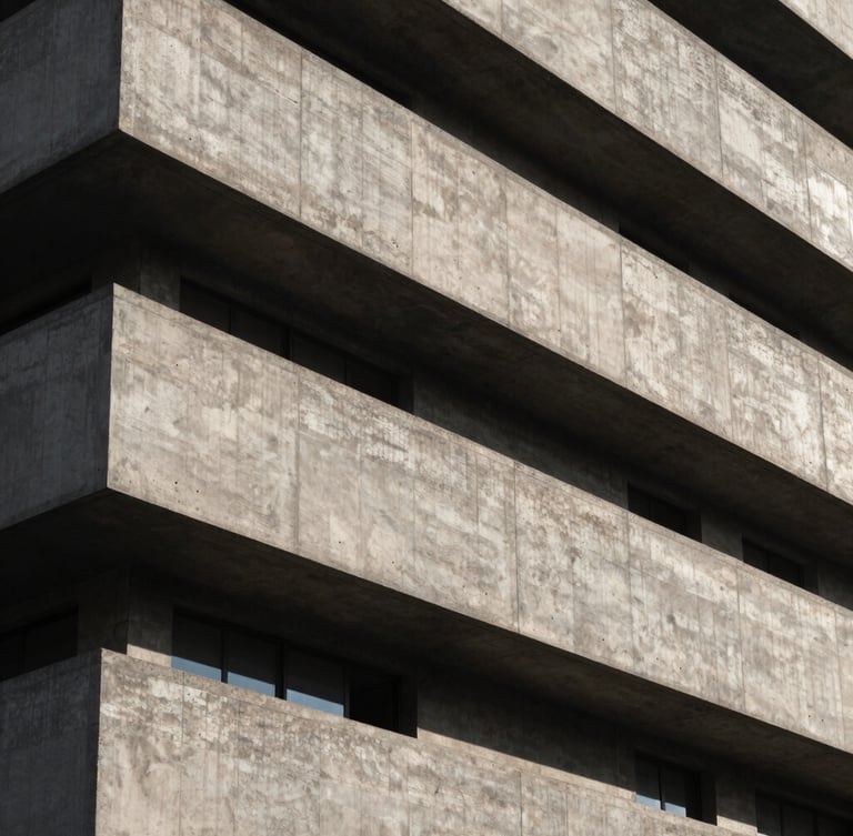 High-contrast architectural detail of a brutalist concrete building facade, sharp diagonal shadows from afternoon sun, minimalist and structural composition, 21:9 cinematic framing.